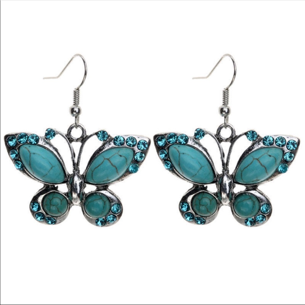 Turquoise Rhinestone Butterfly Earrings